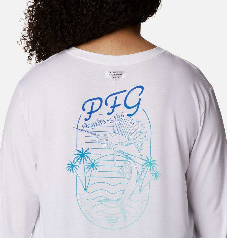 Women's Columbia PFG Slack Water Graphic Long Sleeve Sweatshirts White | Plus Size CA-J6835